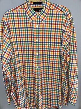 Faconnable Men's Large Multicolor Plaid Shirt, Button Down, Cotton,Men's Large